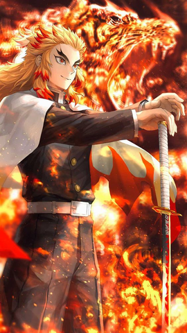 Kyojuro Rengoku, Flame Hashira of Demon Slayer, brandishes a burning spirit and sword against demons' darkness