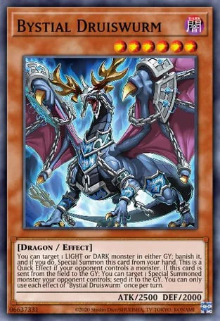 Druiswurm's dual disruptive abilities make it a formidable asset, contributing to Bystial deck's reputation as a force to be reckoned with in the competitive Yu-Gi-Oh! scene.
