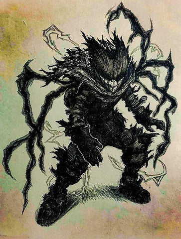 A Black Deku fanart that sketch he is cloaked in dirt, mud, and ash