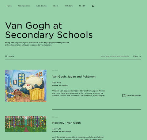 Enhance secondary education by engaging online lessons on Van Gogh, suitable for various subjects and levels