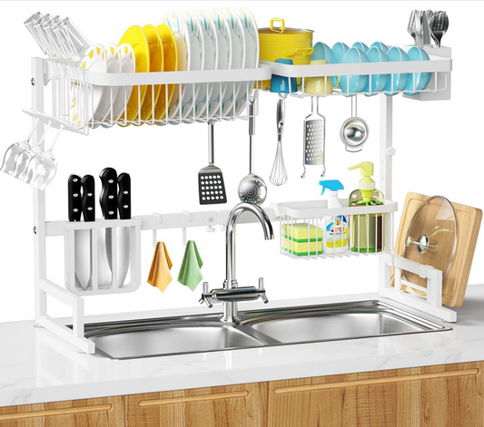  MERRYBOX Over The Sink Dish Drying Rack Adjustable Length  (25-33in), Dish Rack Over Sink with Multiple Baskets Utensil Holder Cup  Holder, Full Set Large Dish Rack for Kitchen Sink Organizer, White