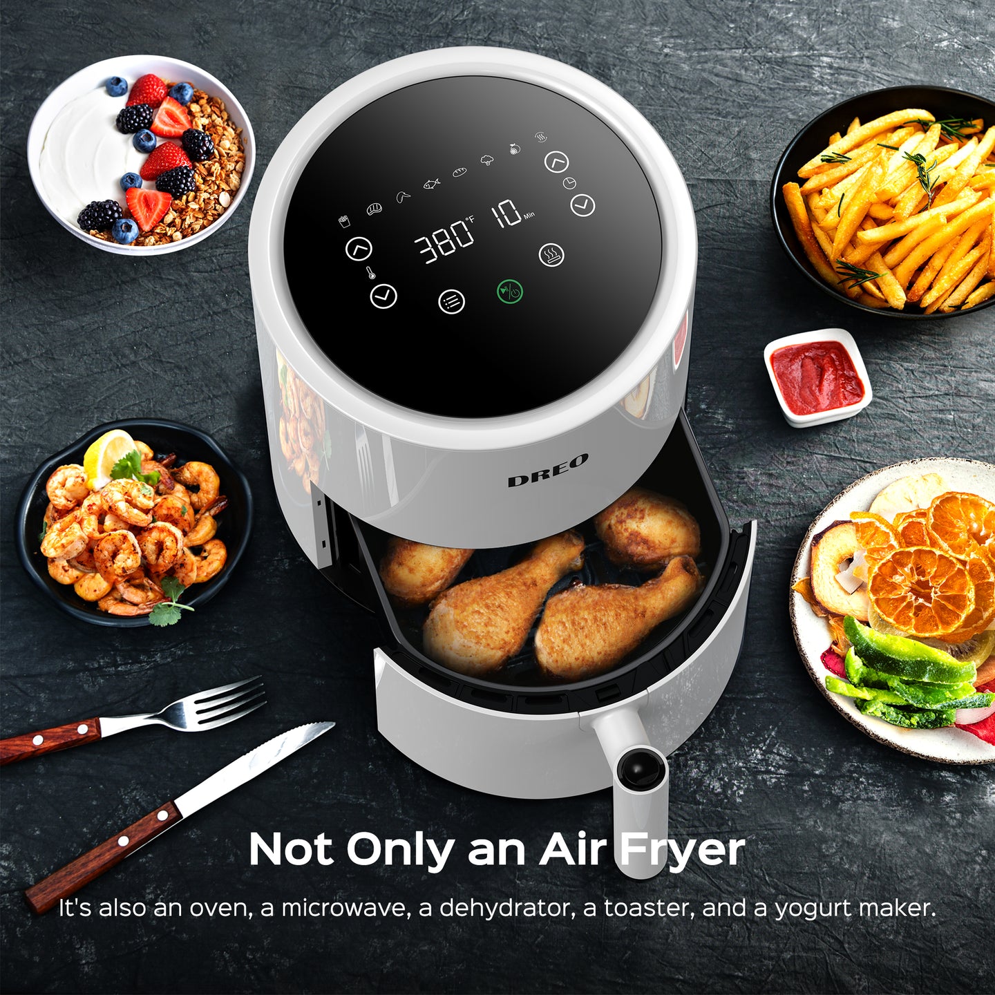 Dreo Air Fryer - 100℉ to 450℉, 4 Quart Hot Oven Cooker with 50 Recipes, 9  Cooking Functions on Easy Touch Screen, Preheat, Shake Reminder, 9-in-1