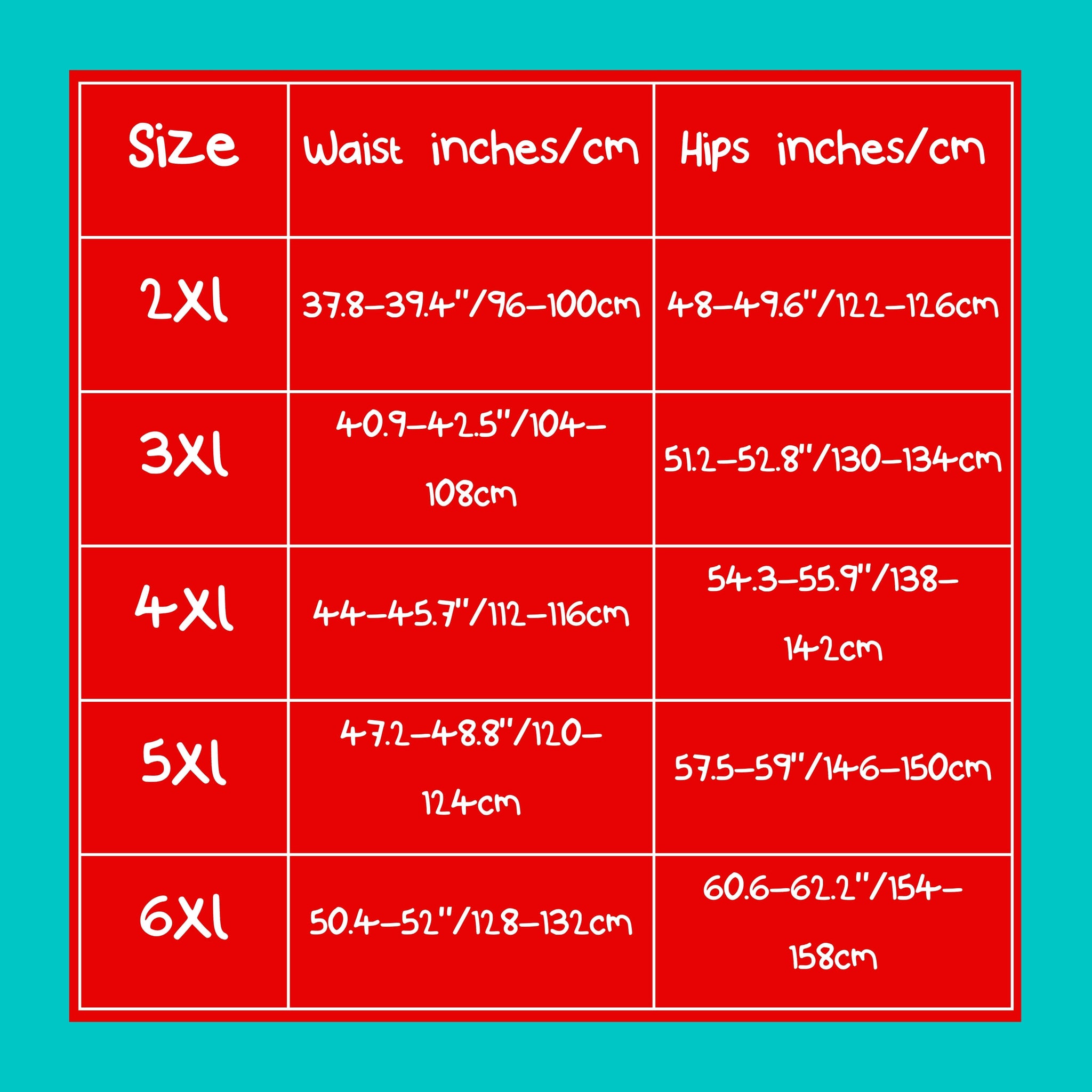 Size guide size chart measurements in centimetres and inches of the brain frog plus size leggings - brain fog in a blue, red and white cell table.