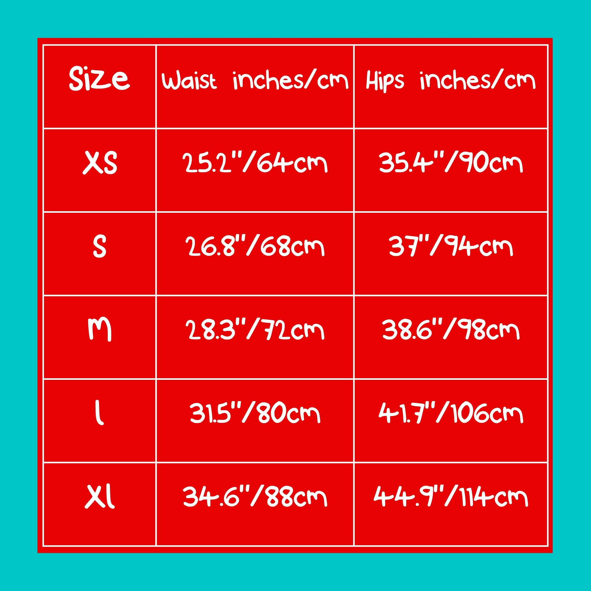 Size guide size chart measurements in centimetres and inches of the brain frog leggings - brain fog in a blue, red and white cell table.