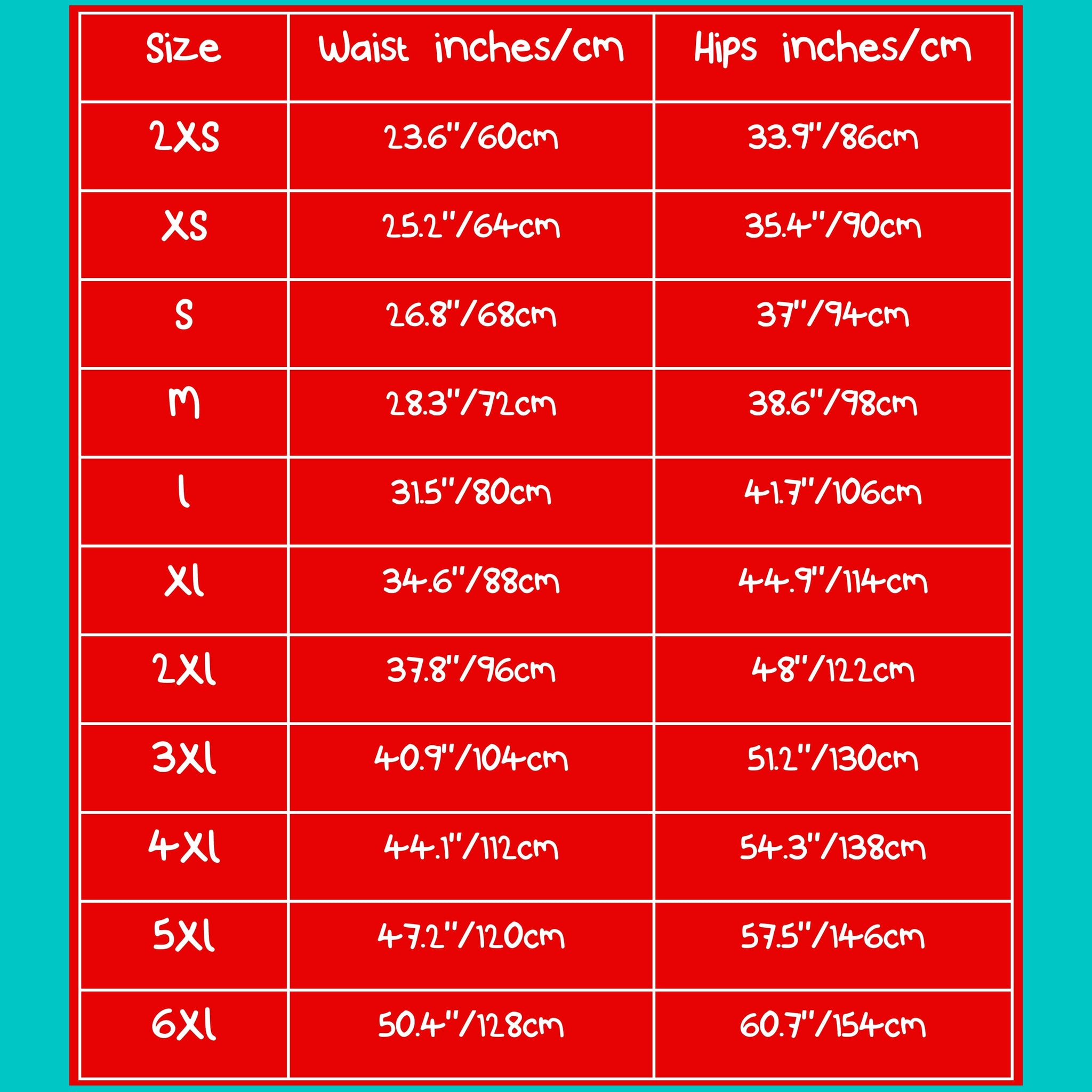 Size guide size chart measurements of the Disabili Tea and Biscuits - Disability Leggings with Pockets on a red and blue grid in inches and centimetres