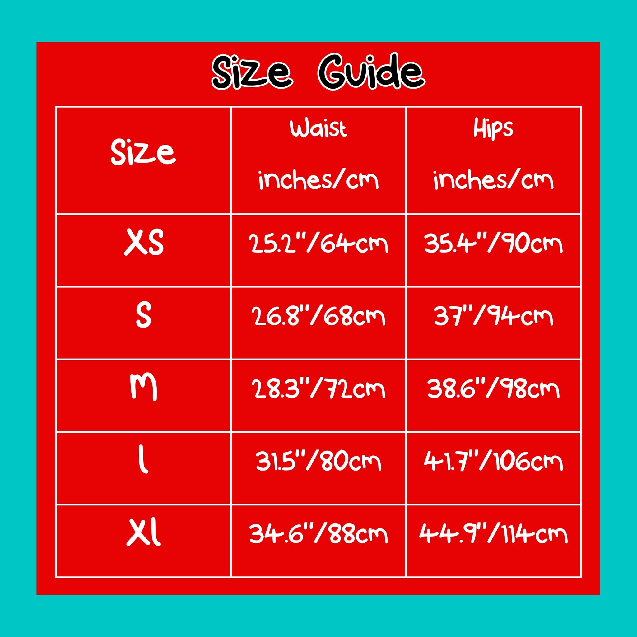 Size guide size chart measurements of the Disabili Tea and biscuits - disability plus size leggings on a red and blue background in centimetres and inches.
