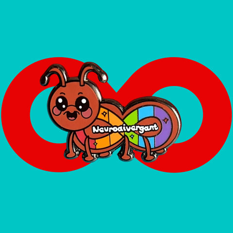 The Neurodivergant Ant Enamel Pin - Neurodivergent on a red and blue background. The brown ant shape enamel pin is smiling with a rainbow infinity symbol and white text reading 'neurodivergant' with sparkles across its body. The hand drawn design is raising awareness for neurodiversity.