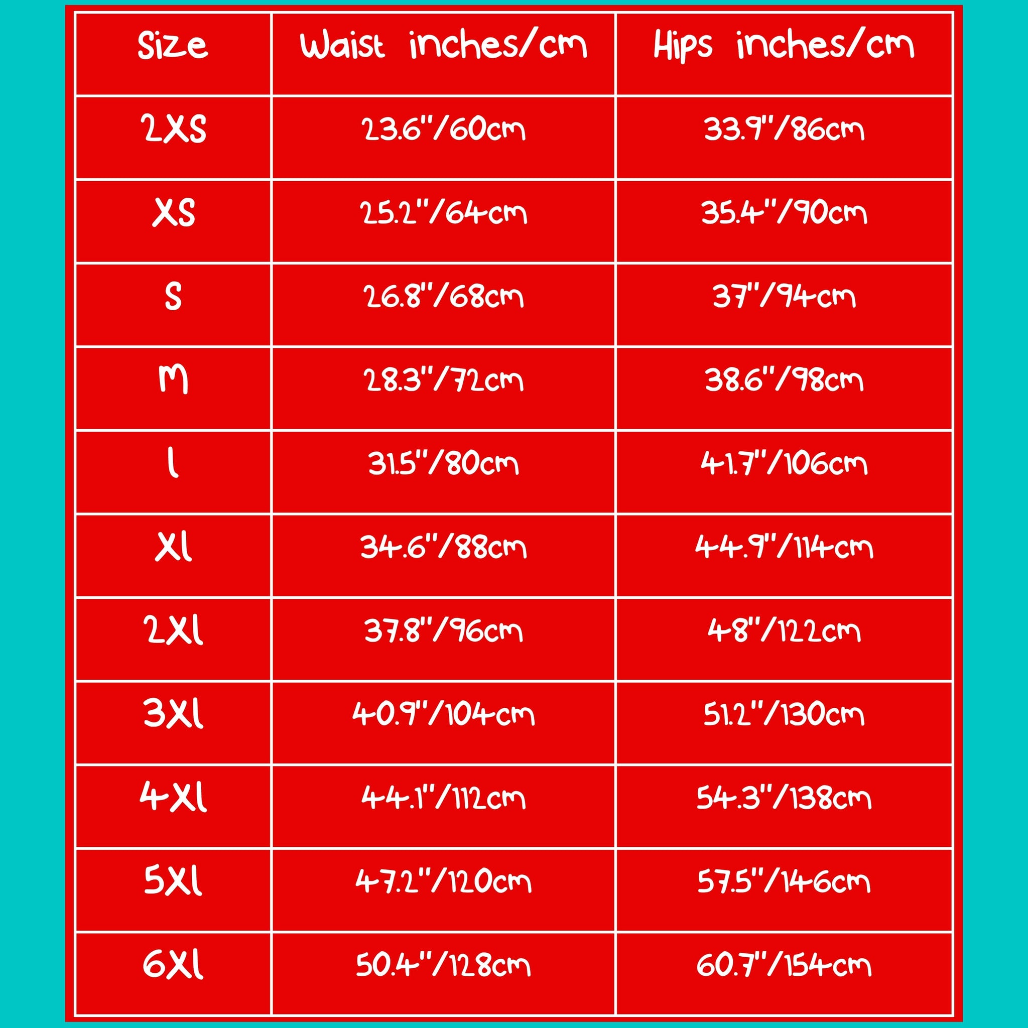 Size guide size chart measurements in inches and centimetres of the spoonie leggings with pockets from innabox in red, white and blue.