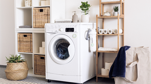 white washing machine in minimalist decor, minimalist laundry room