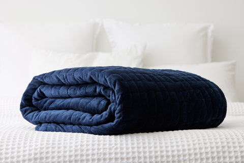 Premium weighted blanket with navy blue lux-fleece cover on