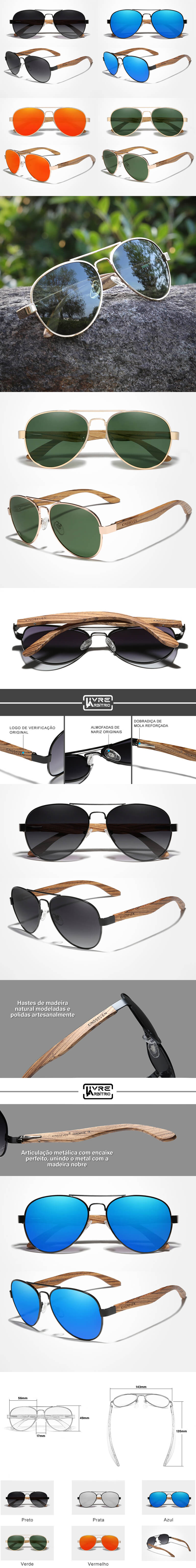 Óculos de Sol de Madeira e Metal Proteção UV400 Polarizado - VINTAGE WOOD