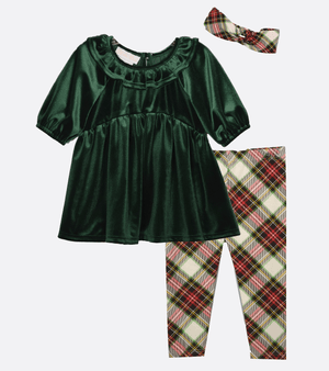 Velvet Christmas Legging Set with Plaid Legging and headband