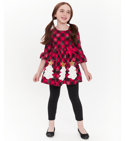 Buffalo Plaid Christmas Outfit for Girls set with Christmas Trees