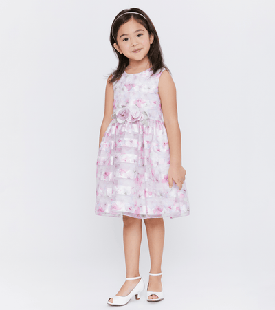 Girls party dress with floral shadows stripe