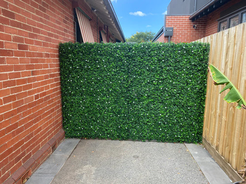 White Flowering Artificial Boxwood Wall 40x40 11SQ FT UV Resistant