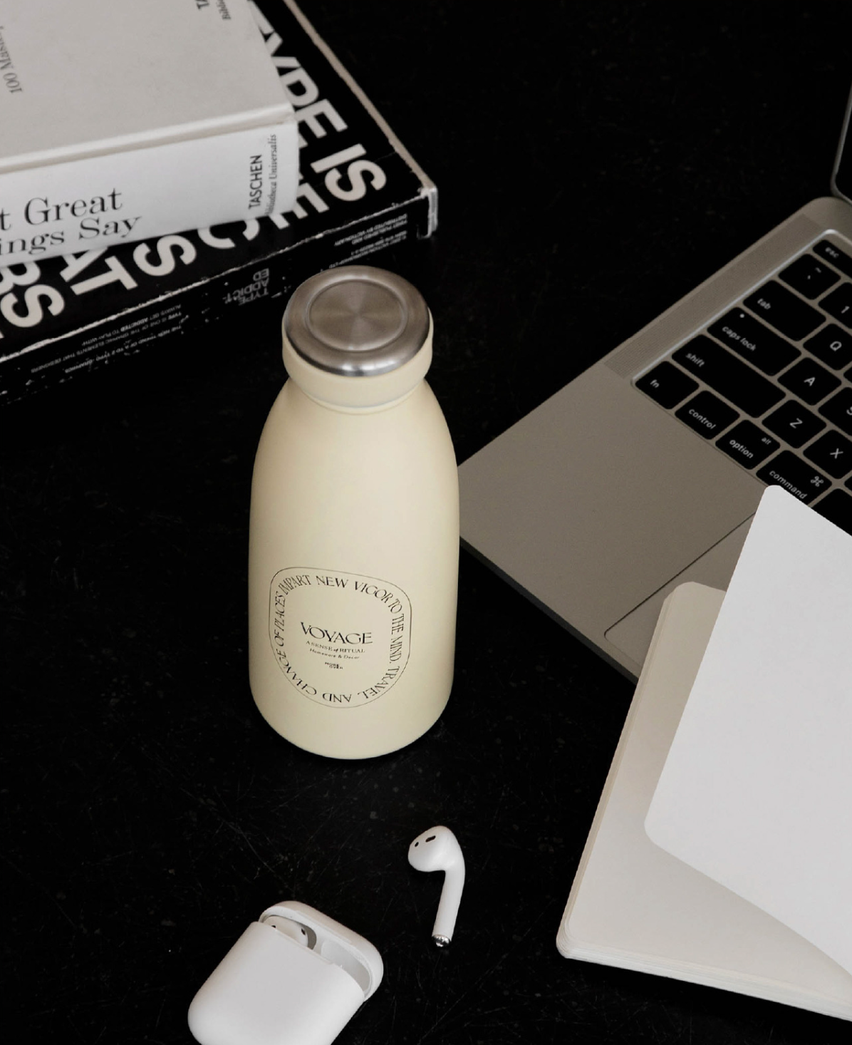 Voyage creamy stainless steel high capacity heat insulating vacuum bottle with beautiful letters on it, by A Bit Sleepy homeware tableware concept store
