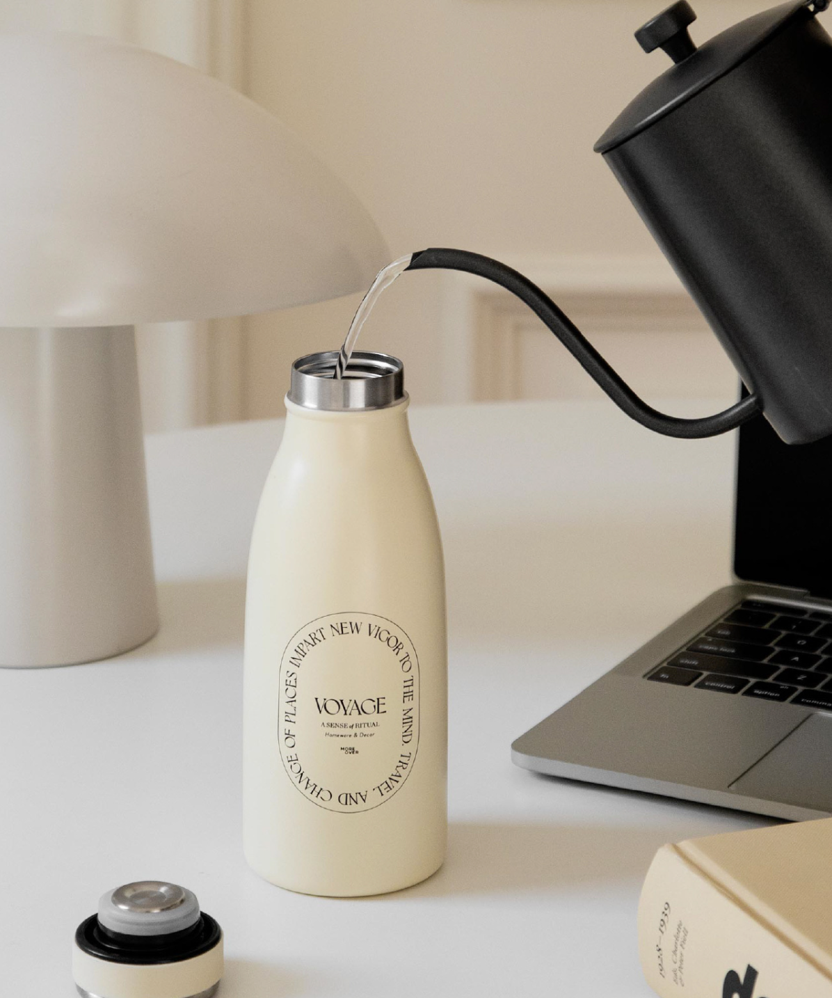 Voyage creamy stainless steel high capacity heat insulating vacuum bottle with beautiful letters on it, by A Bit Sleepy homeware tableware concept store