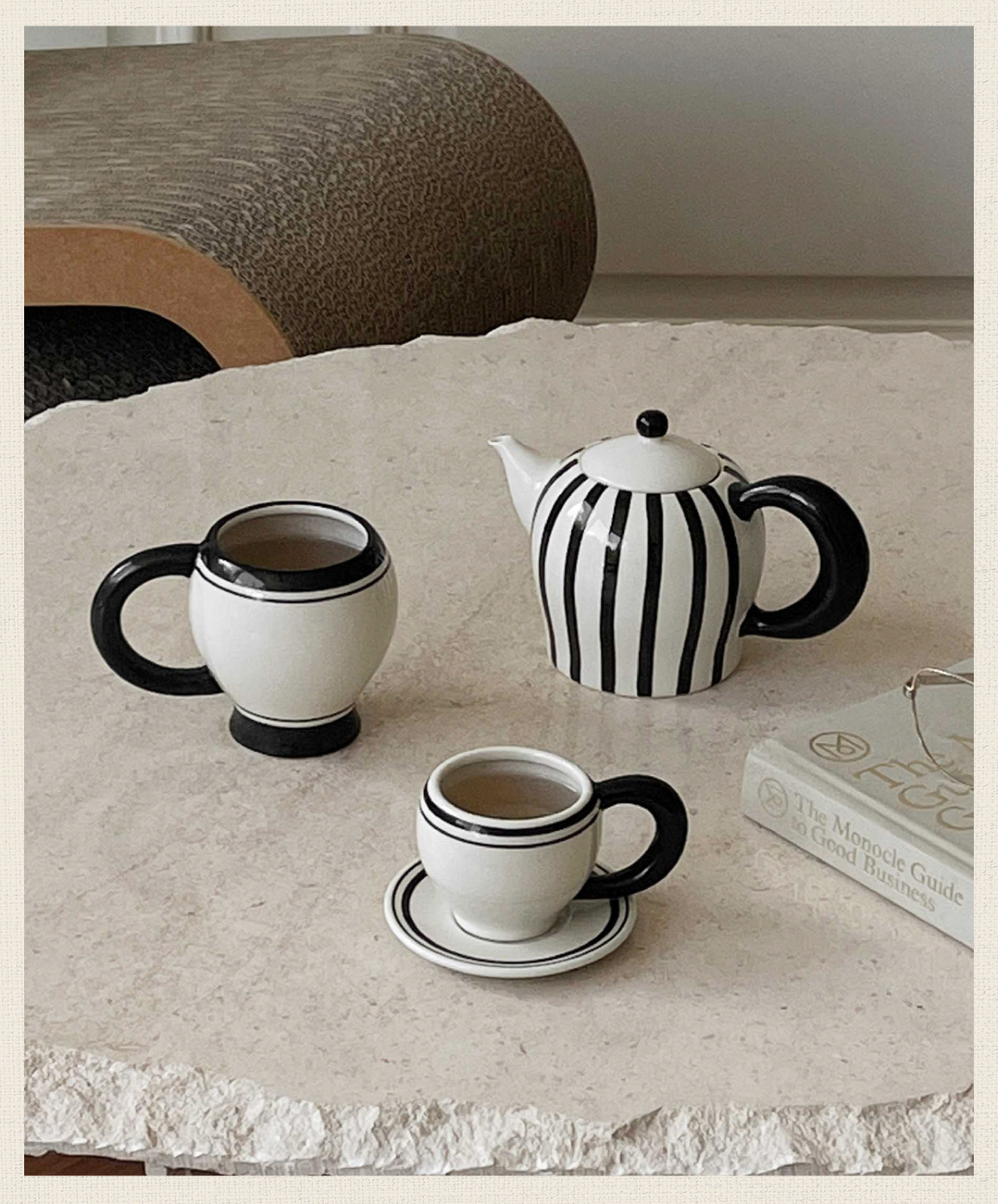 Ettore handcrafted and hand-painted black and white casual stripes ceramic coffee mug with mellow and polished shape, by A Bit Sleepy simple style homeware concept store