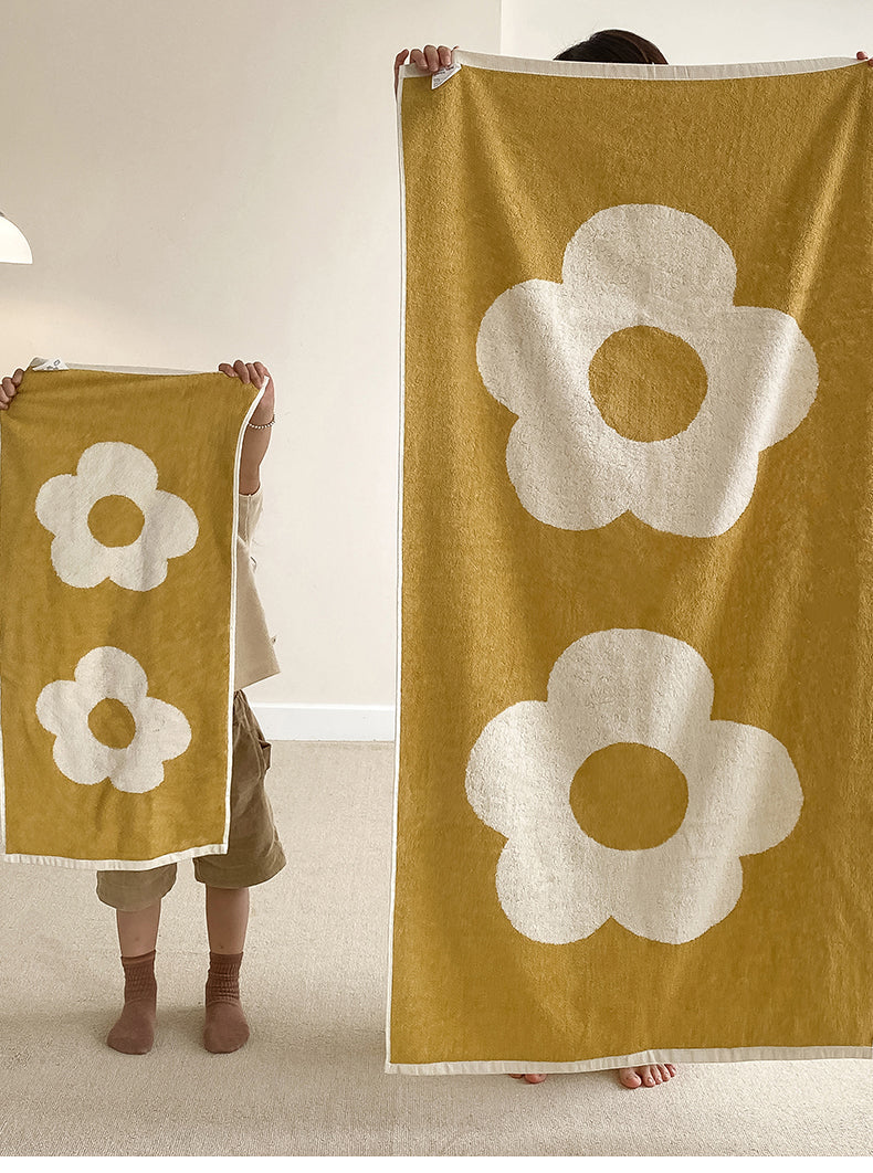 Original design flower black, yellow, green high quality combed cotton skin-friendly soft and fluffy towel blanket and bath towel, by A Bit Sleepy homewares concept store