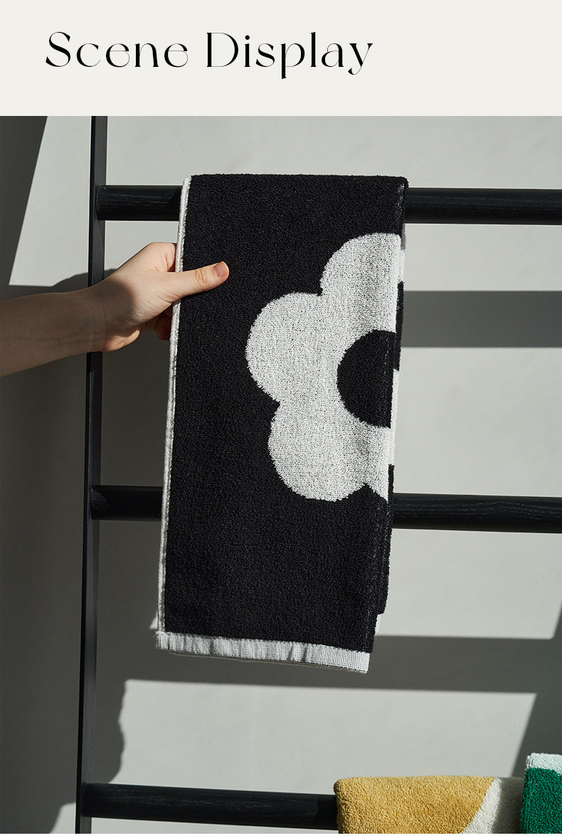 Original design flower black, yellow, green high quality combed cotton skin-friendly soft and fluffy towel blanket and bath towel, by A Bit Sleepy homewares concept store