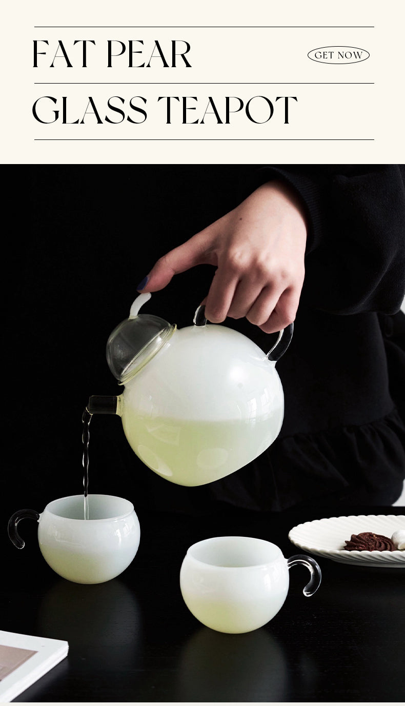 Fat pear shape round and mellow white jade style glass teapot set, by A Bit Sleepy homedecor concept store
