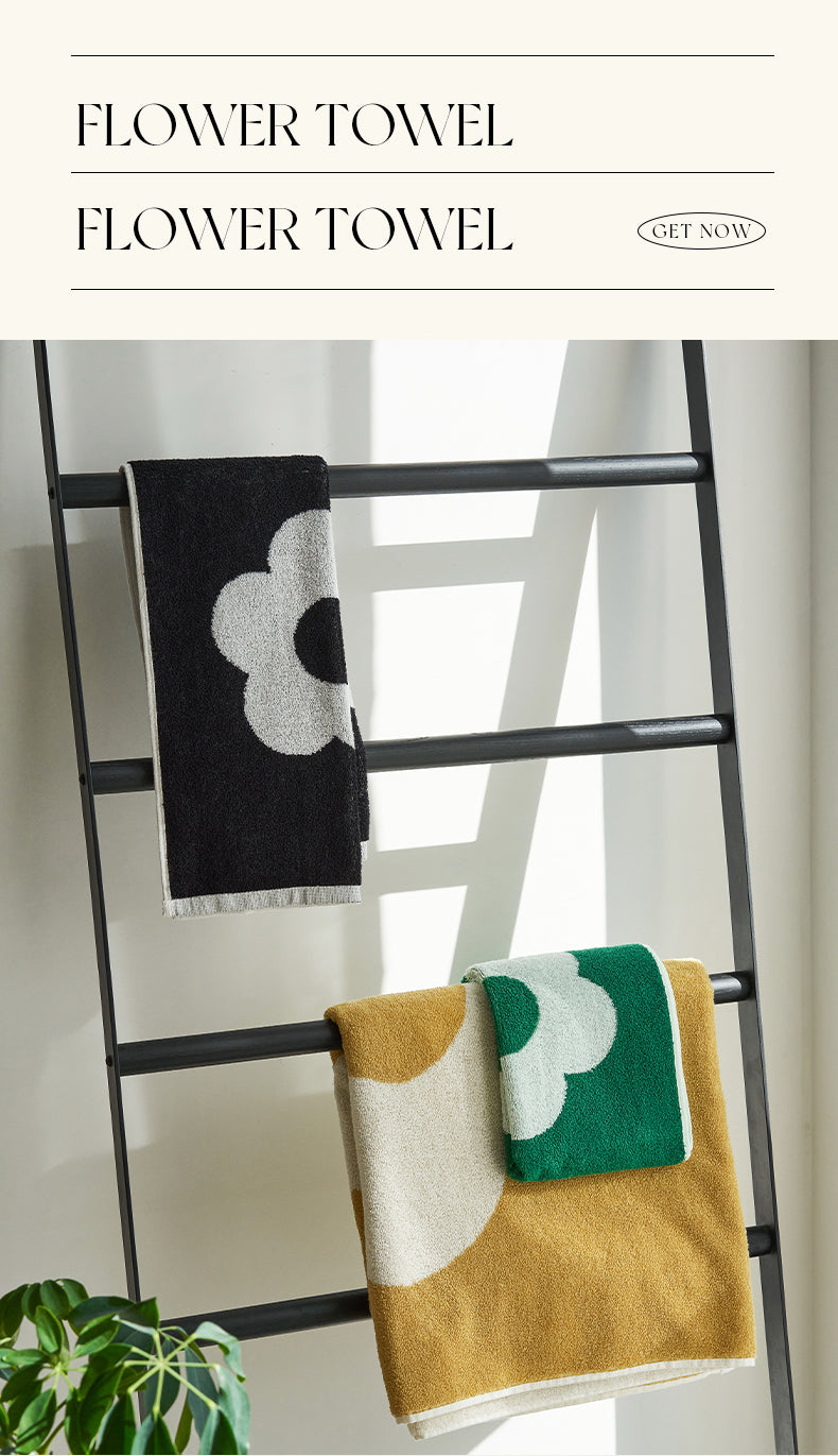 Original design flower black, yellow, green high quality combed cotton skin-friendly soft and fluffy towel blanket and bath towel, by A Bit Sleepy homewares concept store
