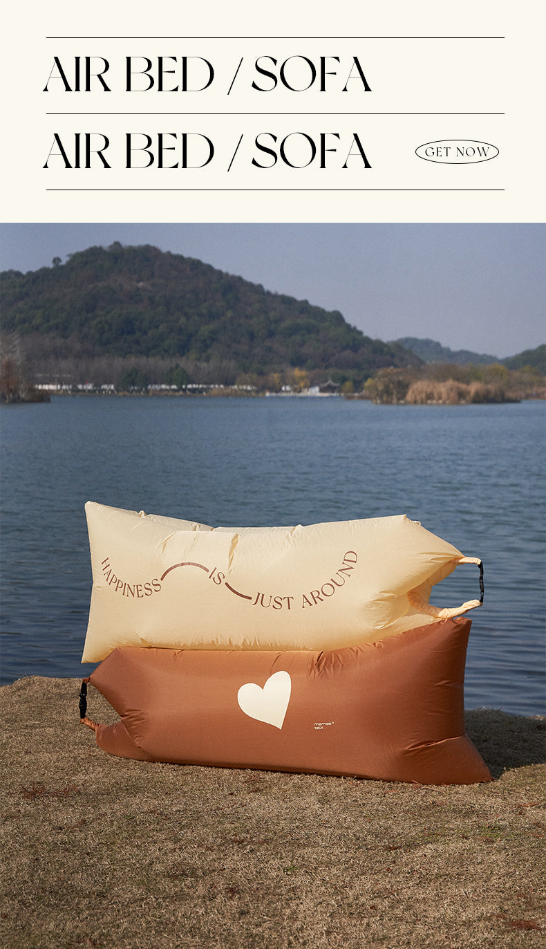 Milk tea love beige and brown big heart camping and picnic inflatable air couch sofa bed, by A Bit Sleepy homedecr concept store