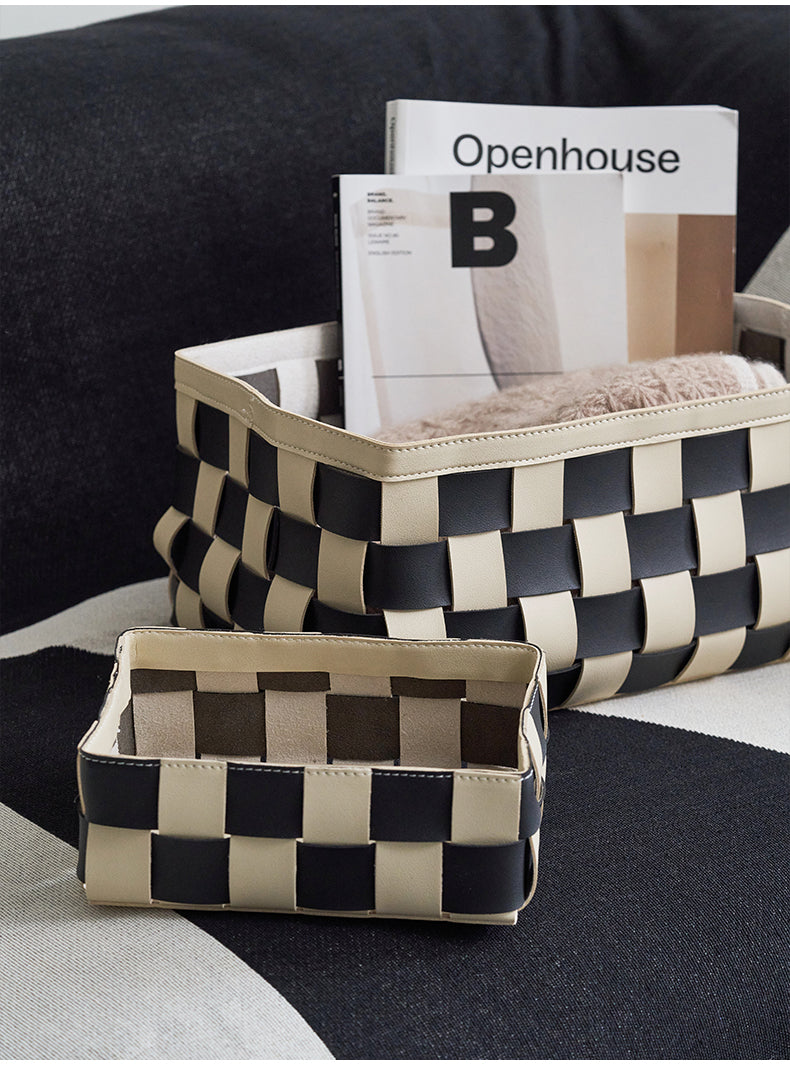 Momo - Checker Woven Leather Storage Basket – A Bit Sleepy. Homedecor