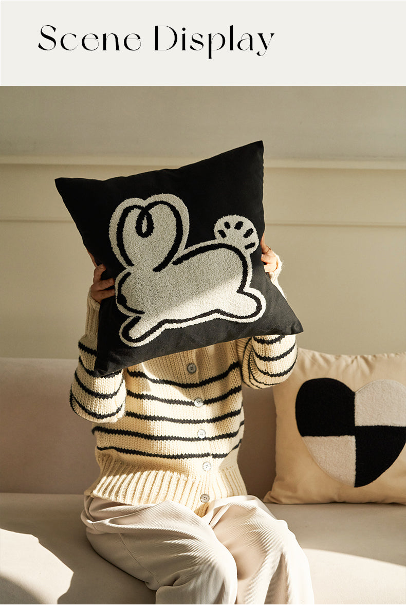 Black and cream white rabbit love cotton canvas cashmere loop-pile tufted stitch throw pillow cushion, by A Bit Sleepy homedecor concept store