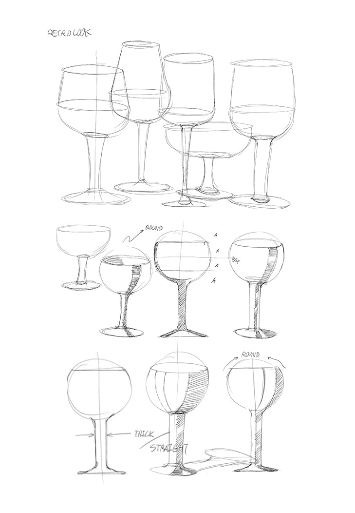 Design sketch of the French style vintage Paris bistro crystal glass goblet, by A Bit Sleepy homeware concept store