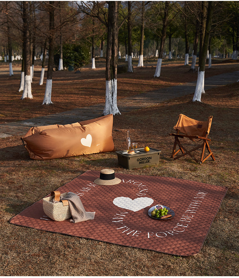 Milk tea beige and brown big heart Spring camping matelasse style worsted wool waterproof picnic mat, by A Bit Sleepy homedecor concept store