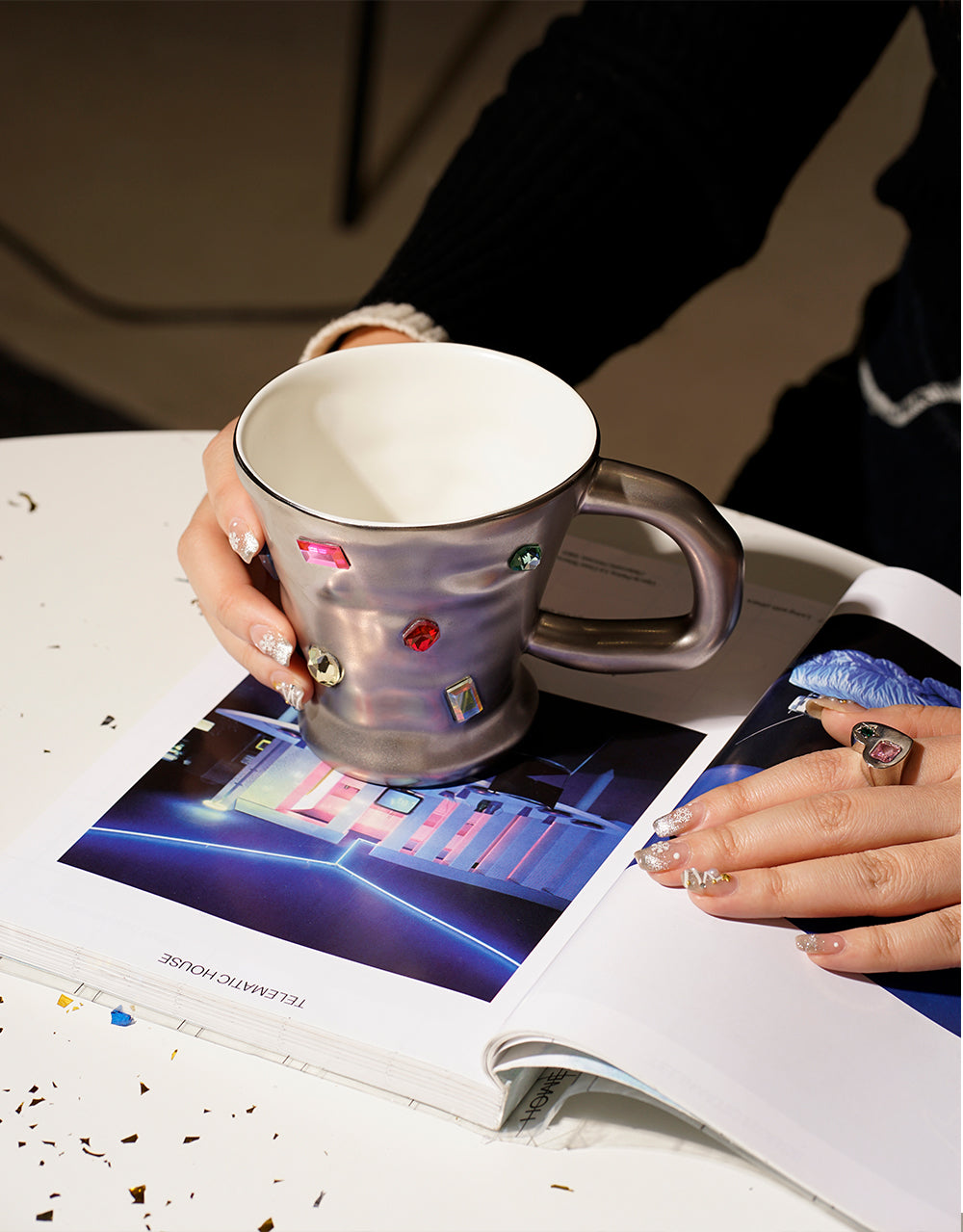 Luxury jewelry coffee mug with sense of future gems party, made of ceramic and crystal diamond, by A Bit Sleepy homeware concept store