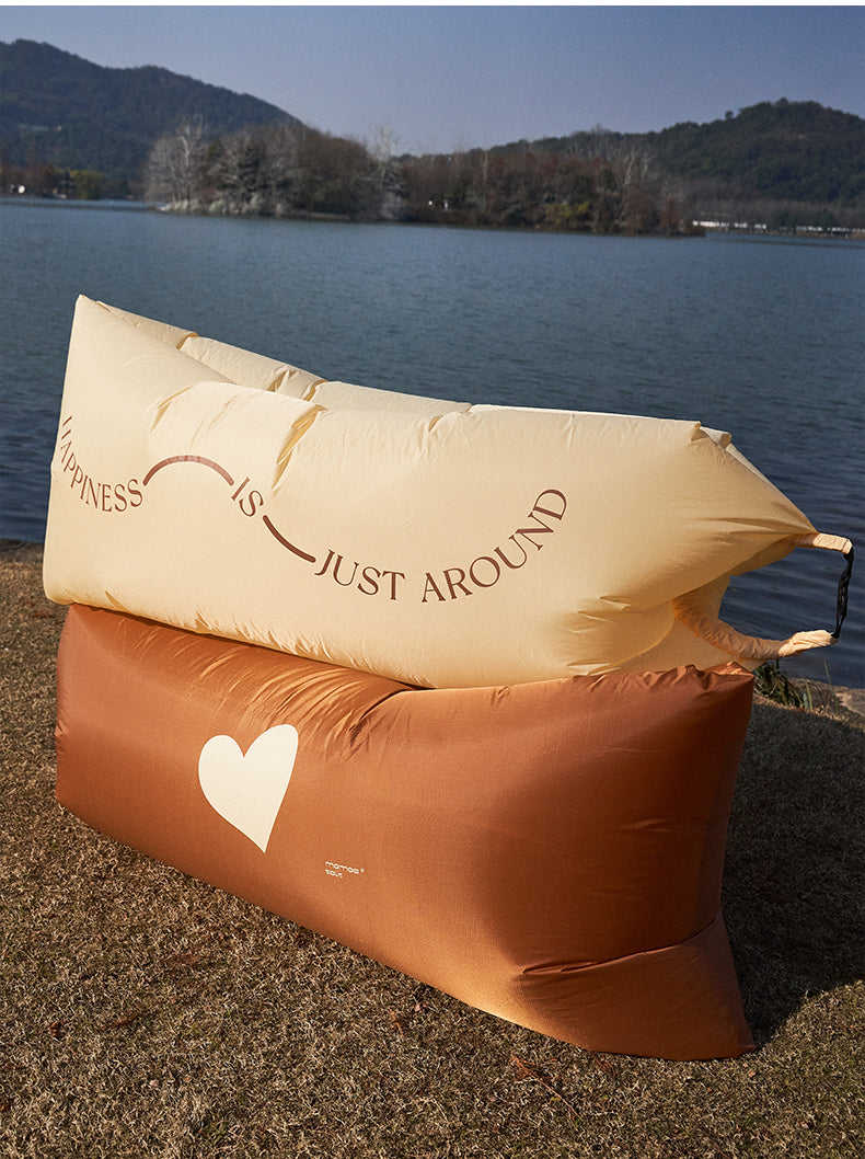Milk tea love beige and brown big heart camping and picnic inflatable air couch sofa bed, by A Bit Sleepy homedecr concept store