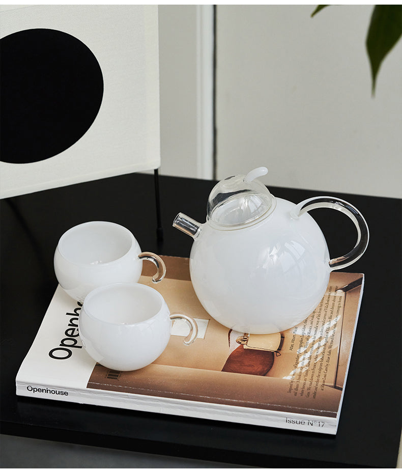Fat pear shape round and mellow white jade style glass teapot set, by A Bit Sleepy homedecor concept store