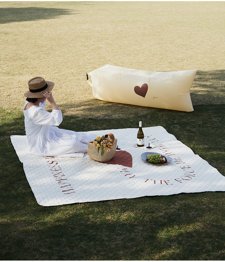 Milk tea beige and brown big heart Spring camping matelasse style worsted wool waterproof picnic mat, by A Bit Sleepy homedecor concept store