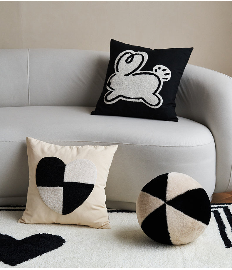 Black and cream white rabbit love cotton canvas cashmere loop-pile tufted stitch throw pillow cushion, by A Bit Sleepy homedecor concept store