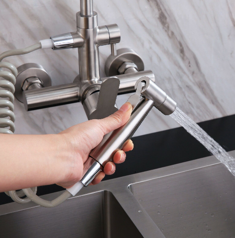 Modern Wall Mount Kitchen Faucet 360 Rotation Stainless Dual Hole Sink Tap Mixer