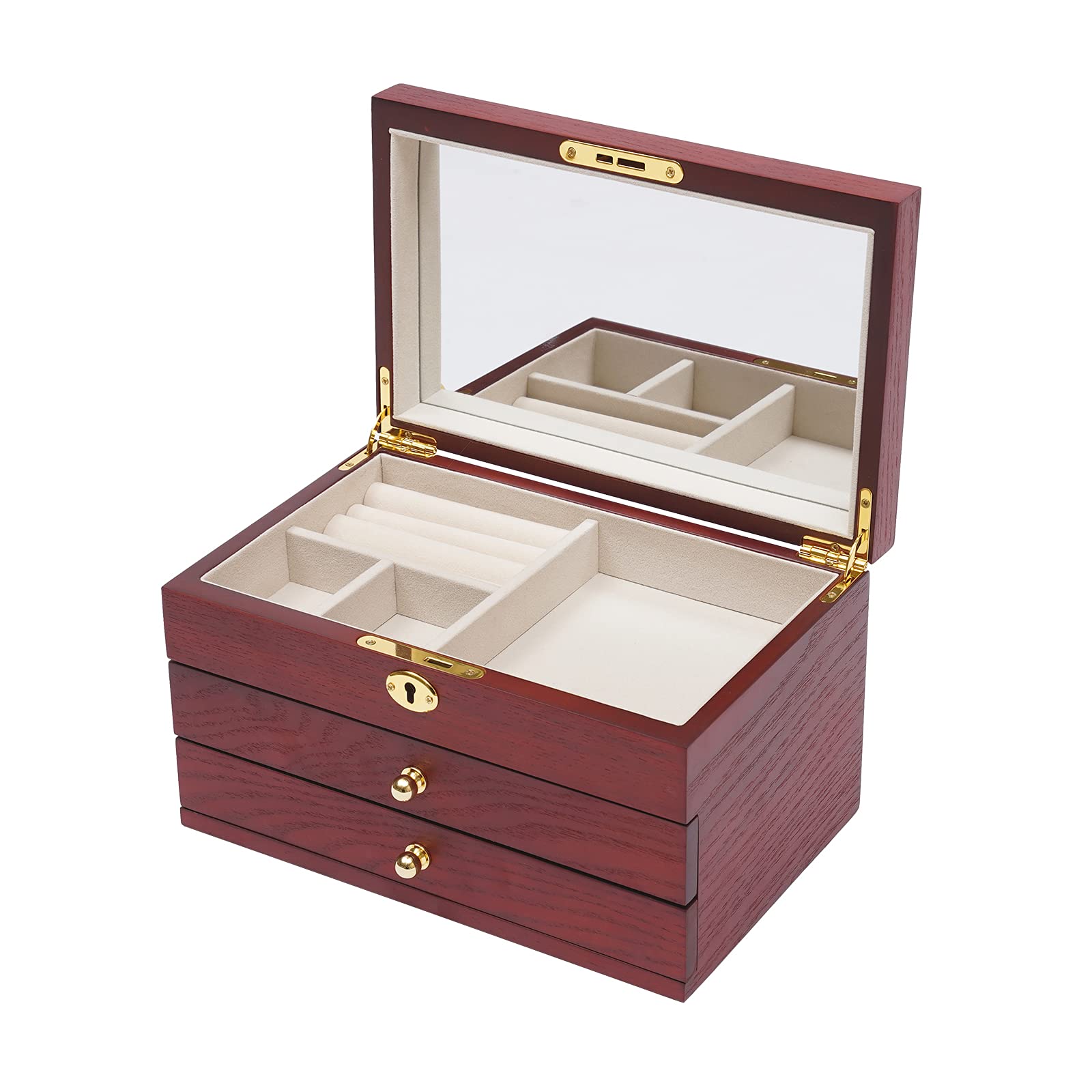 CNCEST Jewelry Box 3 Layers Solid Wooden Retro Jewelry Boxes With Mirr