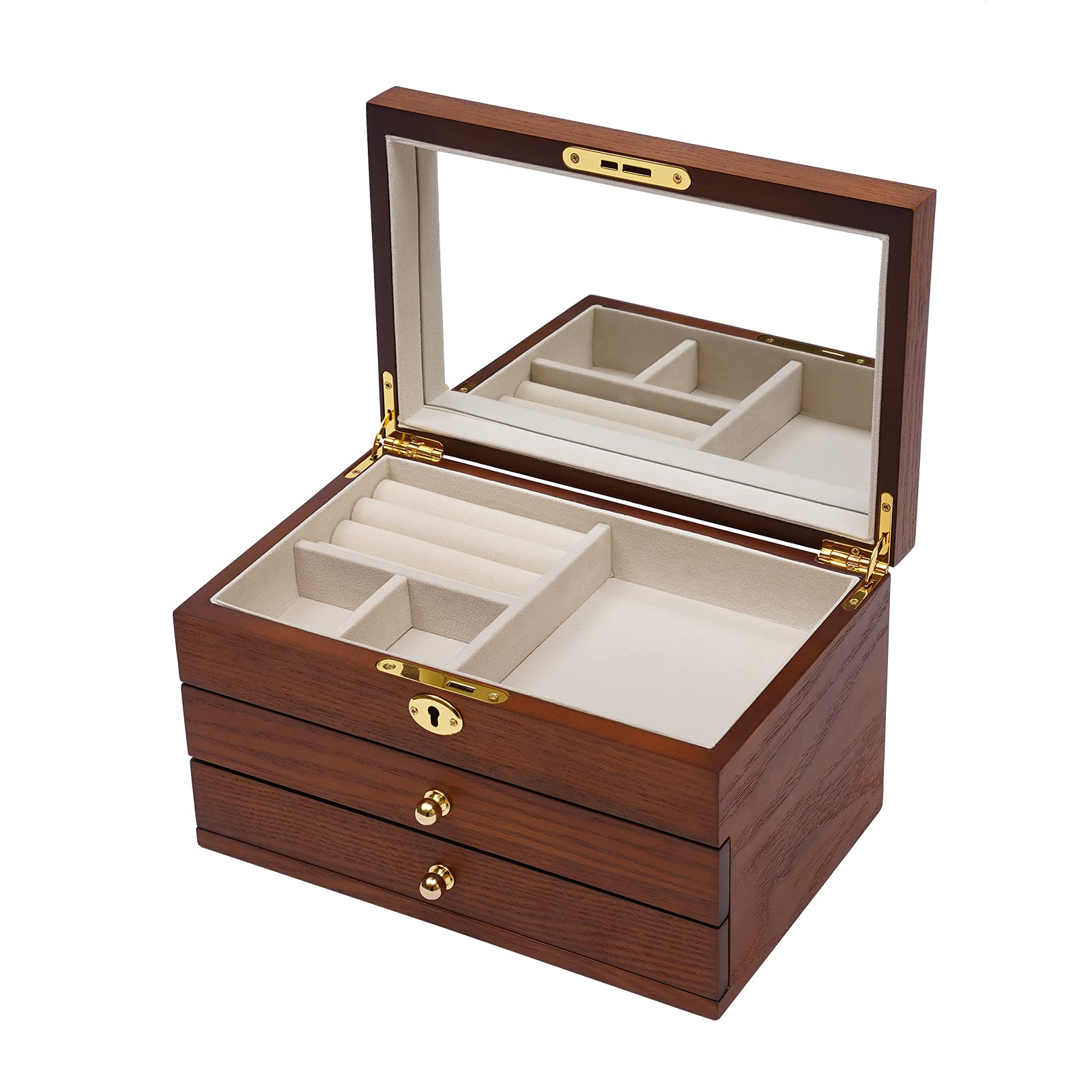 CNCEST Jewelry Box 3 Layers Solid Wooden Retro Jewelry Boxes With Mirr