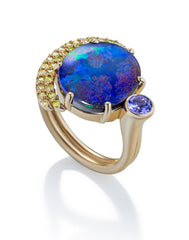 Earthrise ring with Boulder Opal, Tanzanite and yellow green diamonds