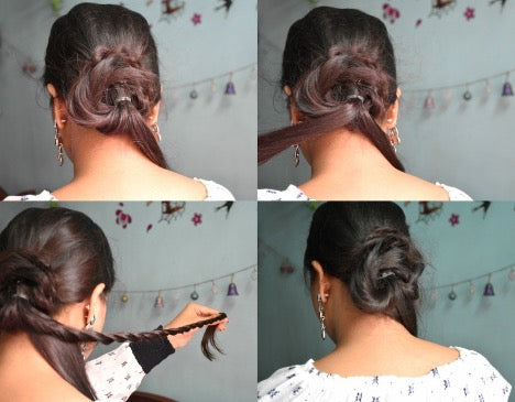 Collage of twisted bun hairdo