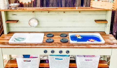 mud kitchen with Ikea Trofast bin sinks for water play