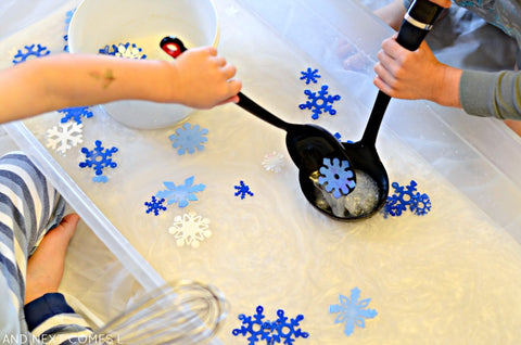 snowflake sensory water play bin for kids