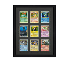 Framed Card Display for cards in sleeves in a 3x3 layout with a black background and black frame