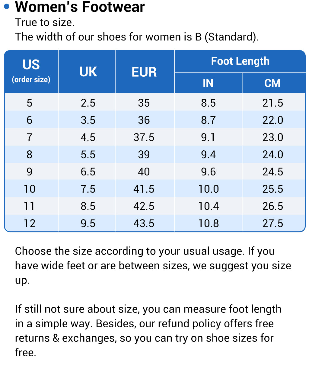 Women's Sizing Chart Half Size | WALKHERO