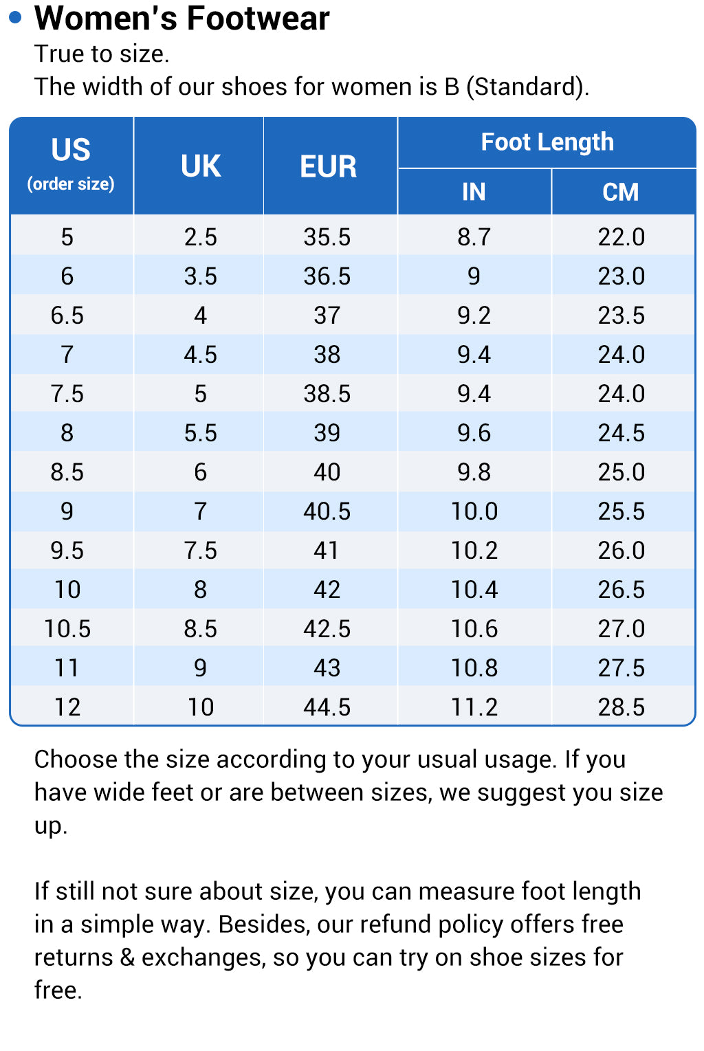 Women's Sizing Chart | WALKHERO