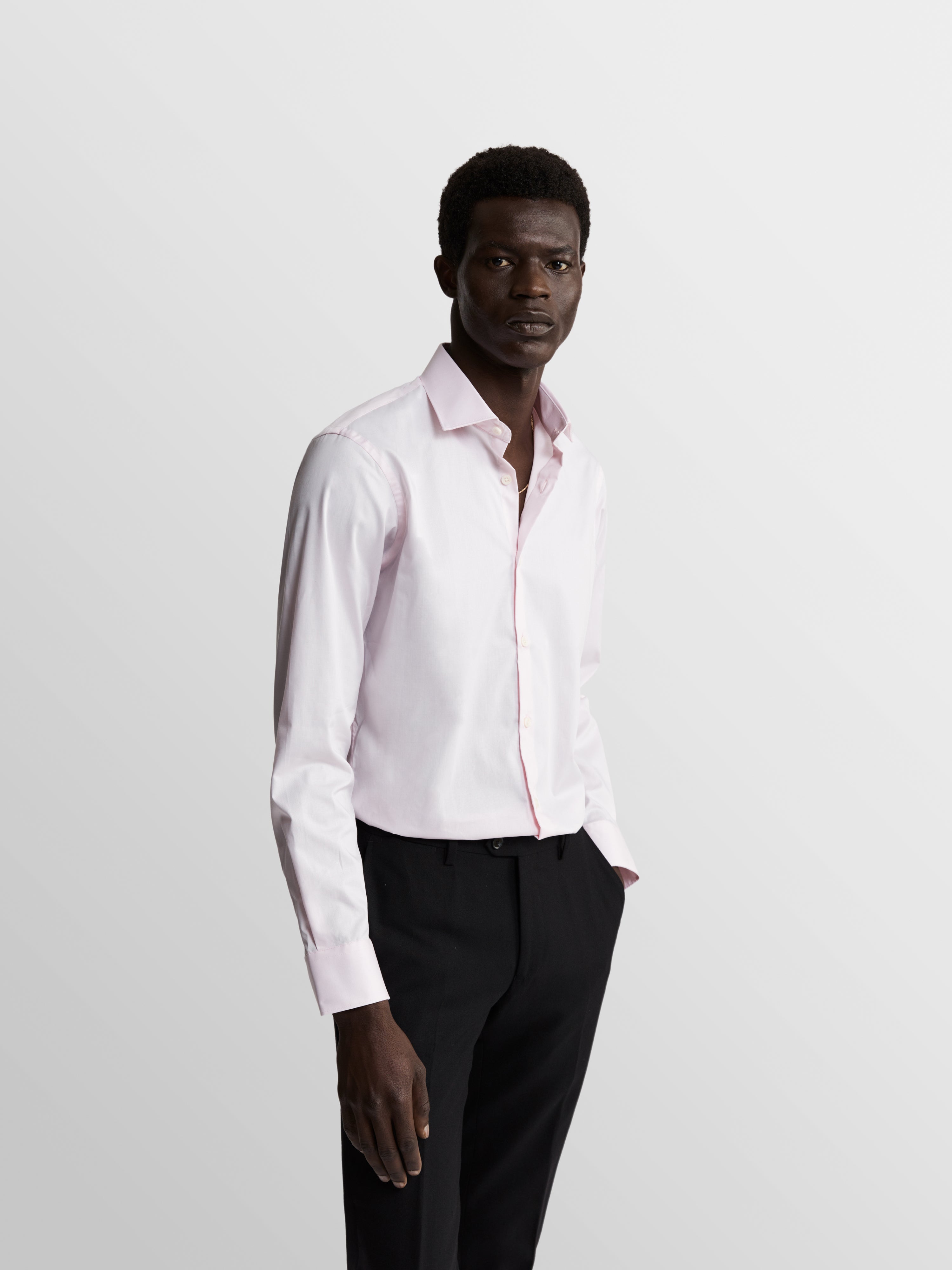 Pink Stretch Twill Slim Fit Single Cuff Classic Collar Shirt