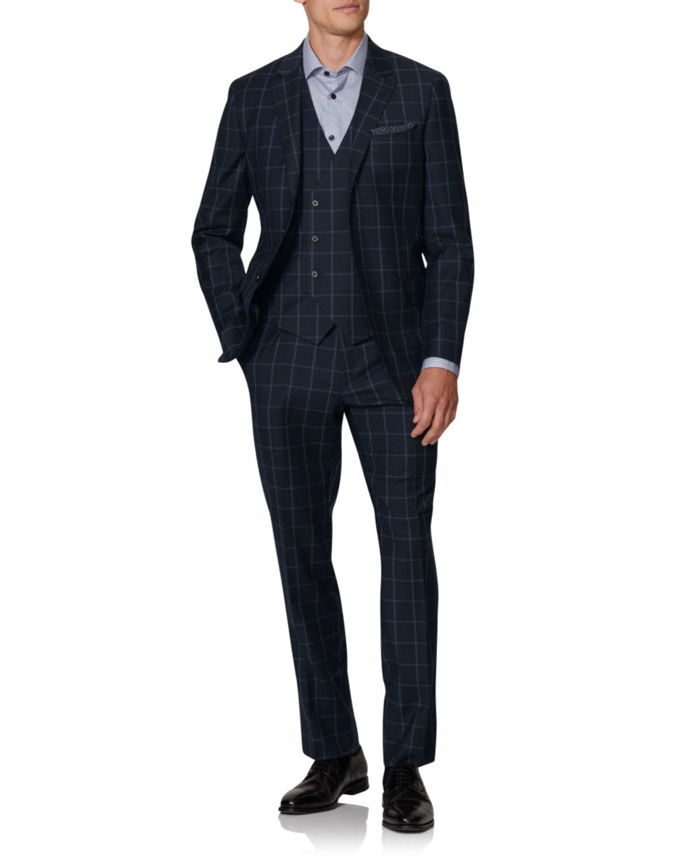 Adelphi Statement Slim Fit Navy Windowpane Check Waistcoat