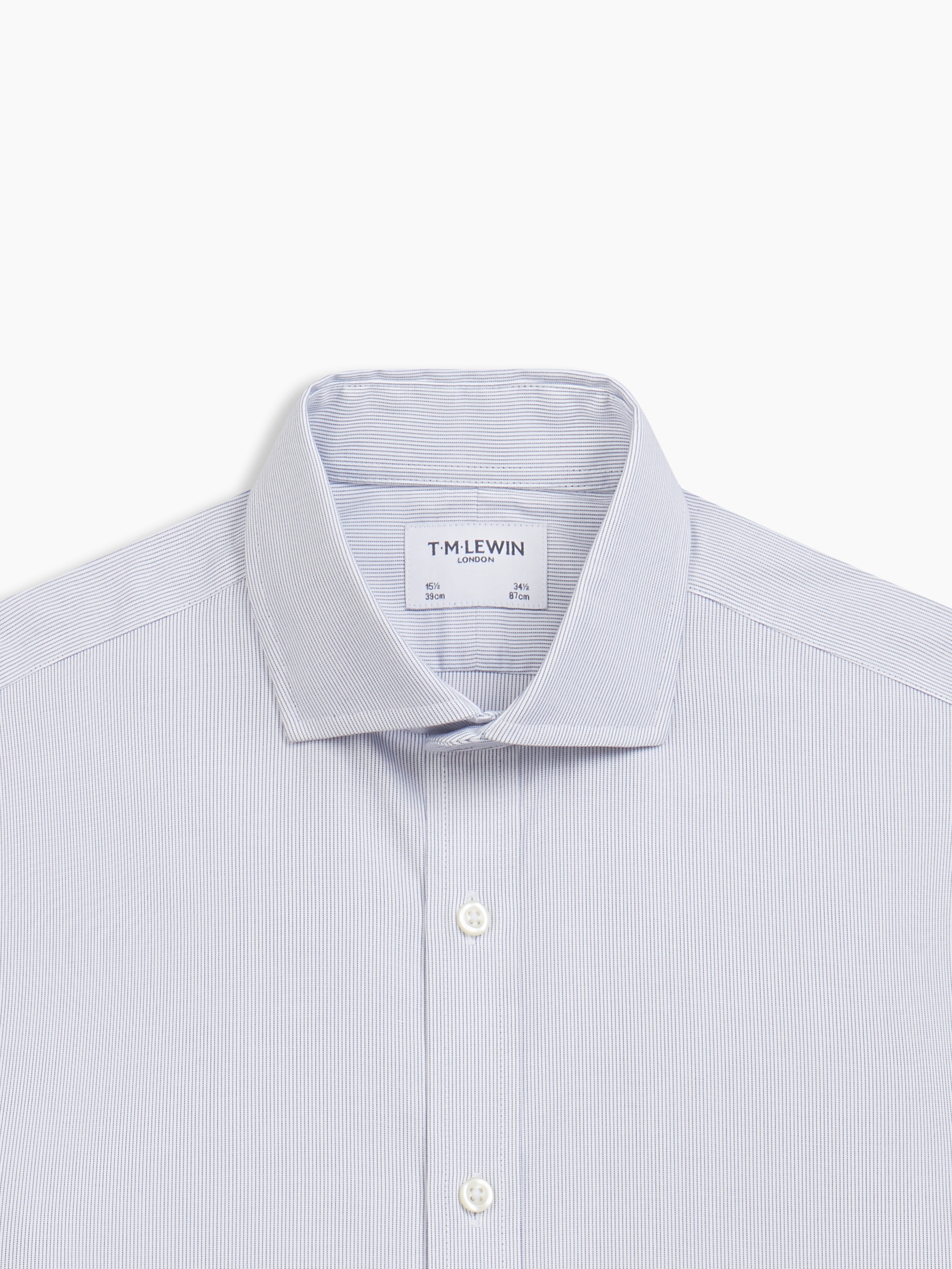 Non-Iron Navy Blue Narrow Dash Stripe Plain Weave Slim Fit Single Cuff Semi-Cutaway Collar Shirt