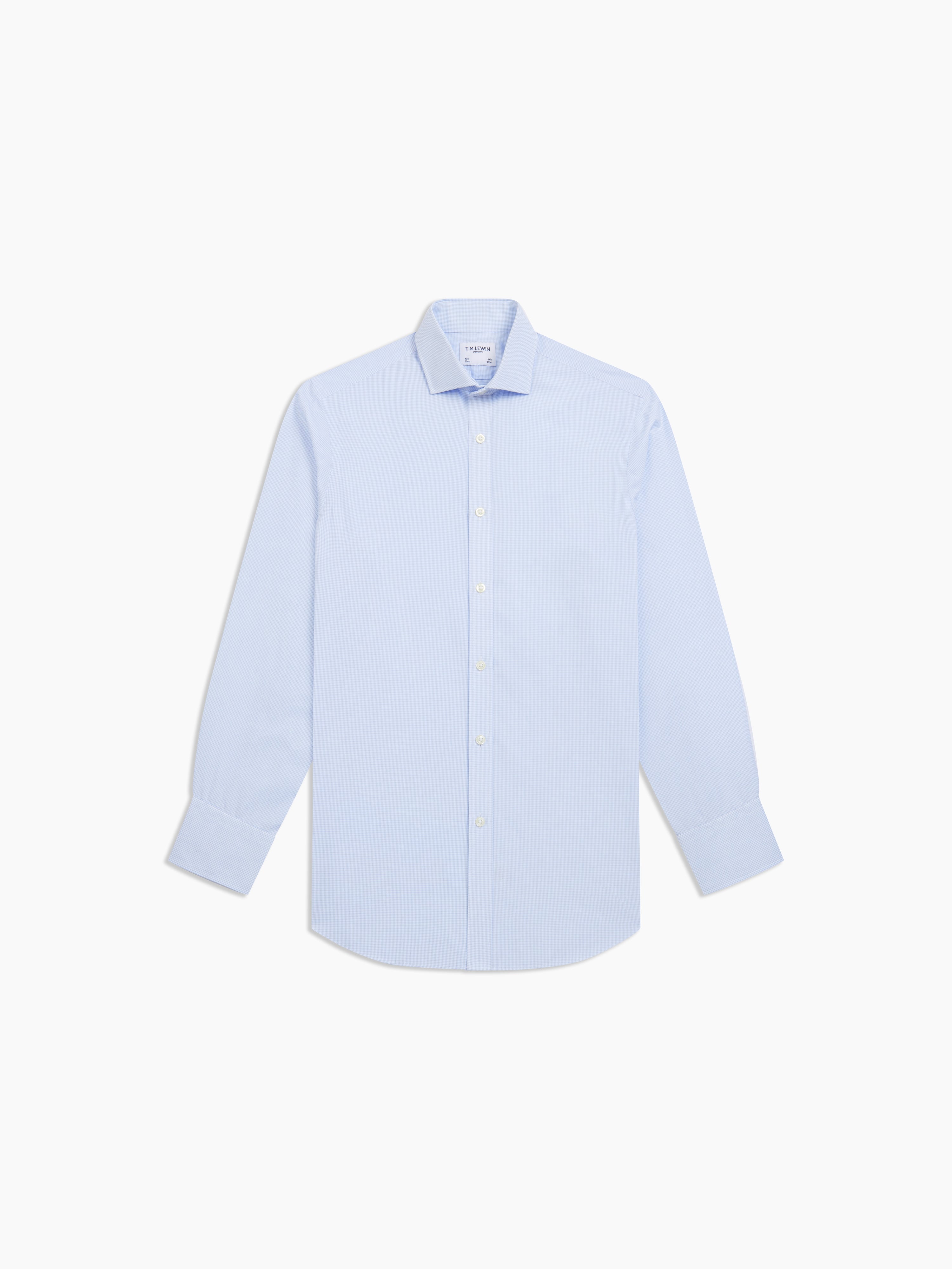 Non-Iron Blue Mini Rectangle Plain Weave Fitted Single Cuff Semi-Cutaway Collar Shirt